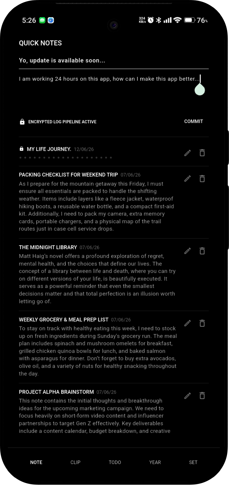 Rocen QUICKNOTE / BUFFER dark interface capture